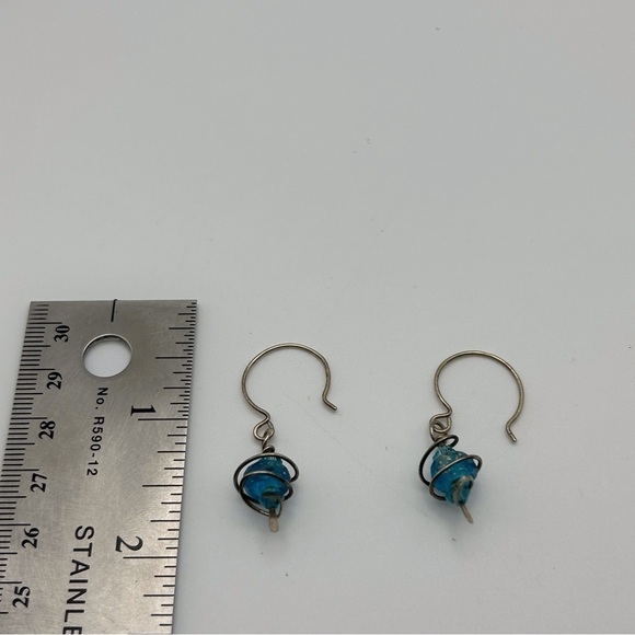 Boho Sterling Silver 925 Spiral Wrapped Blue Speckled Beaded Dangle Earrings - Picture 4 of 5